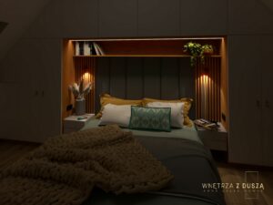 rzytulna sypialnia i łazienka na poddaszu zaprojektowana przez Wnętrza z duszą _7