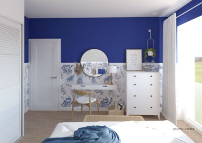 sypialnia z niebieska tapeta w stylu coastal