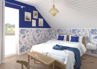 sypialnia z niebieska tapeta w stylu coastal
